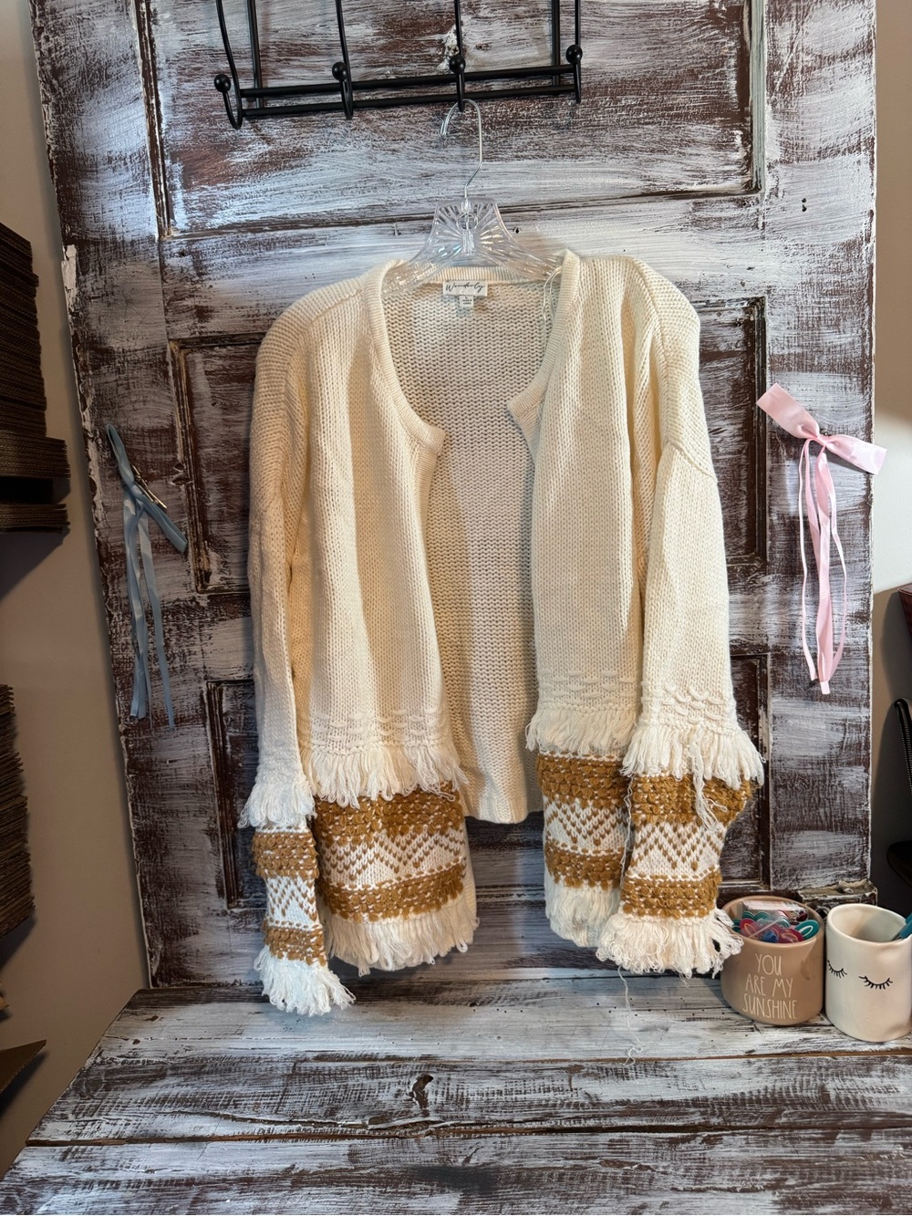 Cream Fringe Knit Cardigan with Mustard Patterned Cuffs